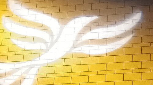 Lib Dem logo bird projected on blockwork